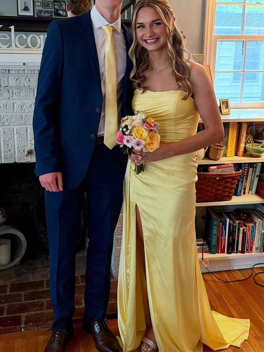 Yellow Strapless Prom Dress Long Mermaid Gown With Slit