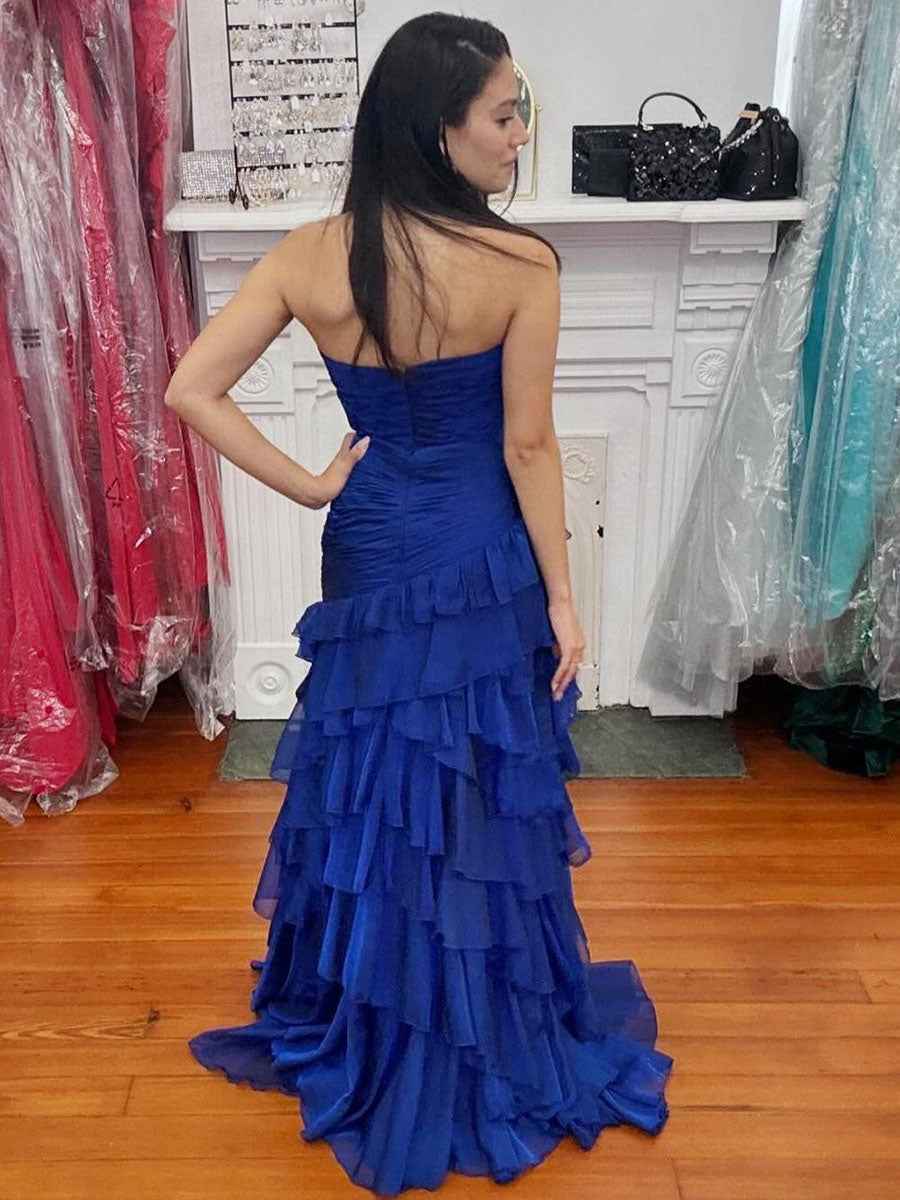Yellow Mermaid Prom Dress Strapless Sweetheart Neckline Tiered Tulle Slit
