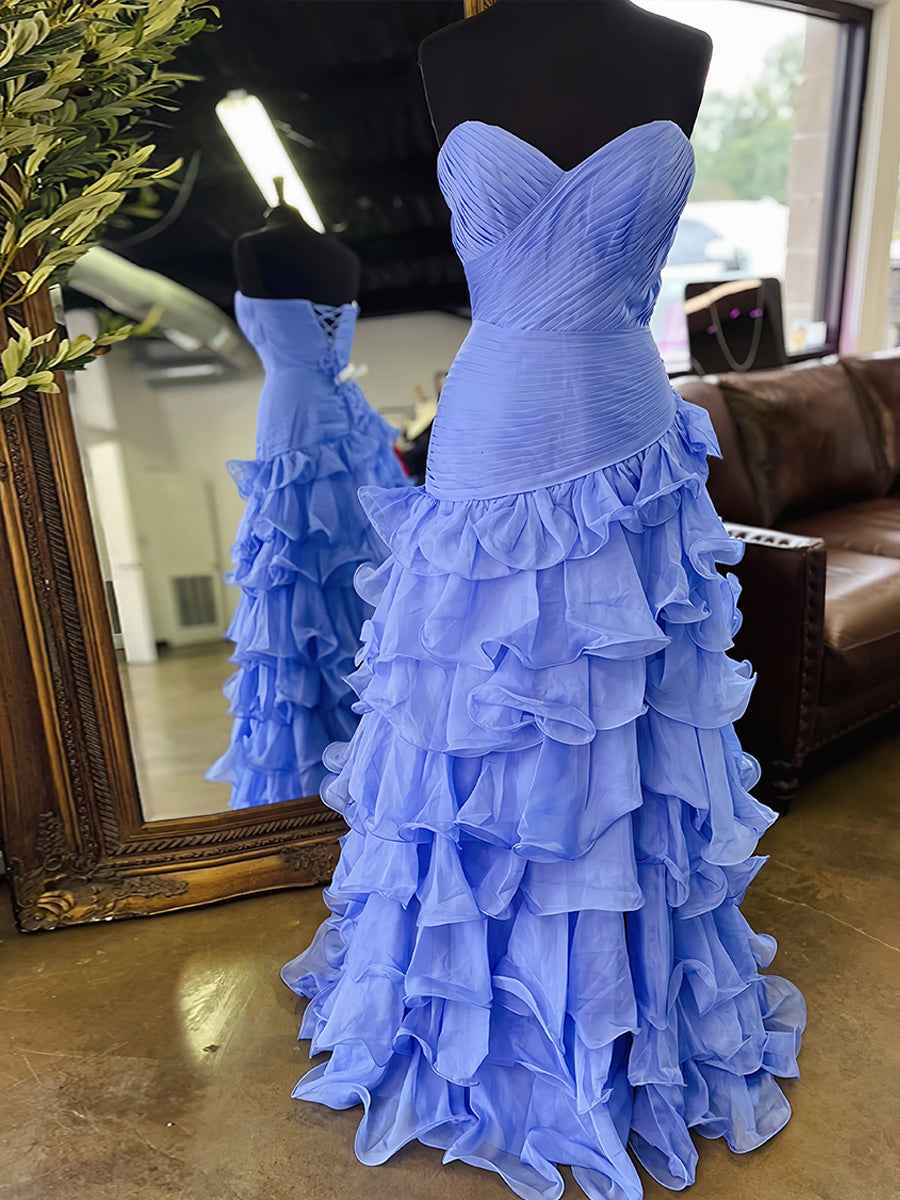 Yellow Mermaid Prom Dress Strapless Sweetheart Neckline Tiered Tulle Slit