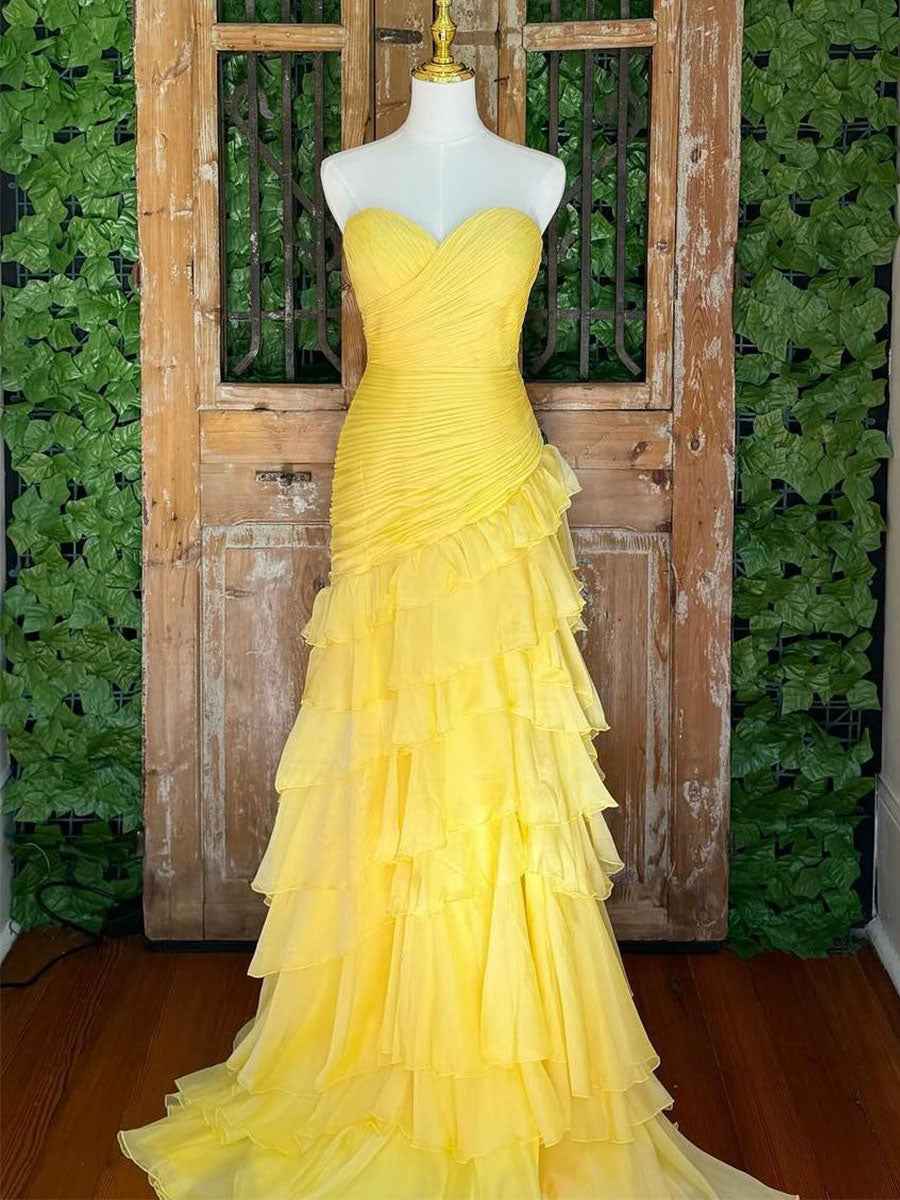 Yellow Mermaid Prom Dress Strapless Sweetheart Neckline Tiered Tulle Slit