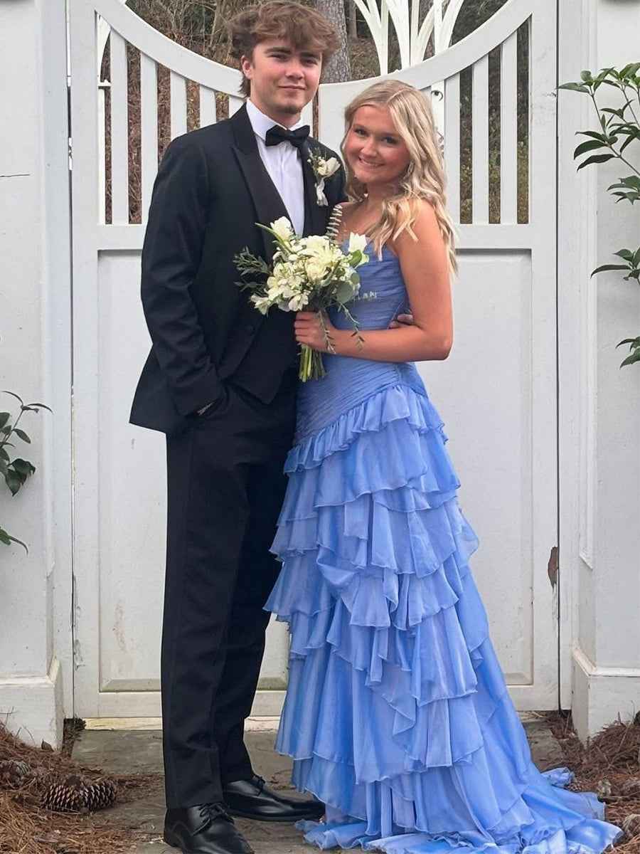 Yellow Mermaid Prom Dress Strapless Sweetheart Neckline Tiered Tulle Slit