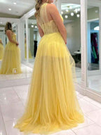 Yellow One Shoulder Long Tulle Prom Homecoming Dress With Floral Embellishments