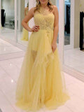 Yellow One Shoulder Long Tulle Prom Homecoming Dress With Floral Embellishments