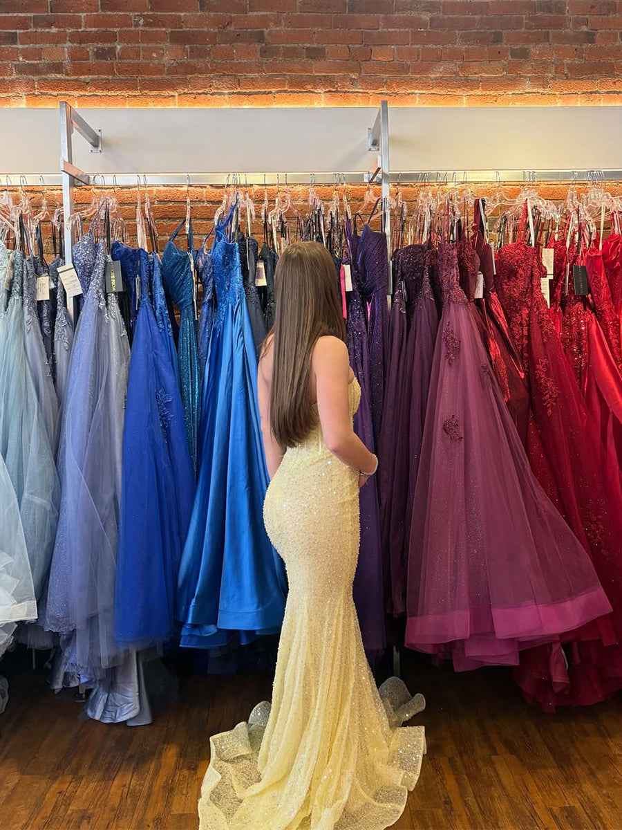 Pale Yellow Sequin Strapless Sweetheart Corset Mermaid Prom Dress