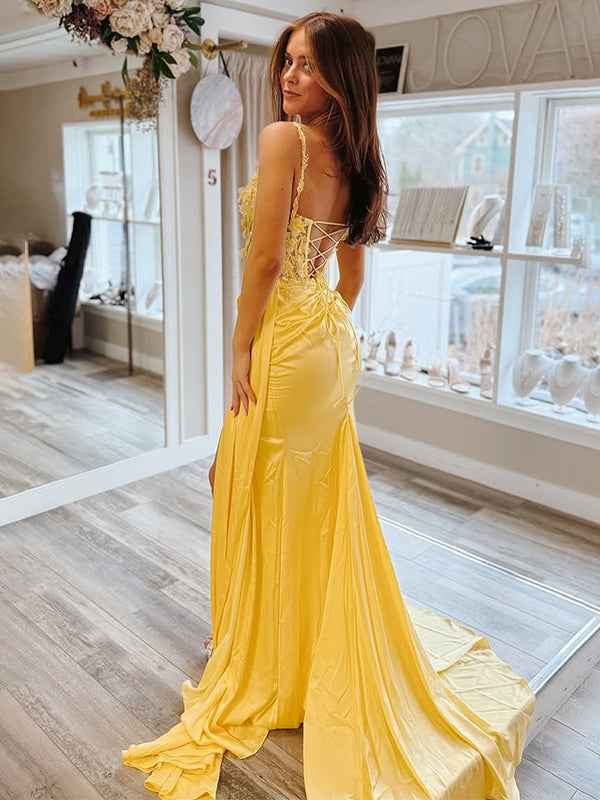 Yellow Satin Mermaid Long Prom Dress With Lace Appliques And Beadwork