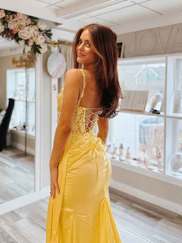 Yellow Mermaid Prom Dress With Sweetheart Neckline Spaghetti Straps Sequins