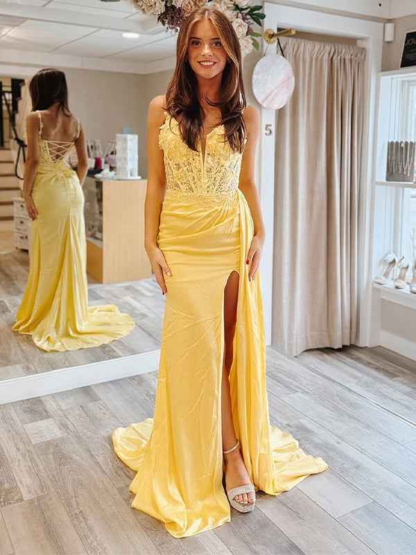 Yellow Satin Mermaid Long Prom Dress With Lace Appliques And Beadwork