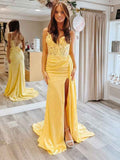 Yellow Satin Mermaid Long Prom Dress With Lace Appliques And Beadwork