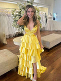 Yellow Satin Layered Prom Dress With Spaghetti Straps V Neck Slit