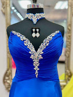 Yellow Strapless Crystal Plunge Satin Prom Dress With Slit