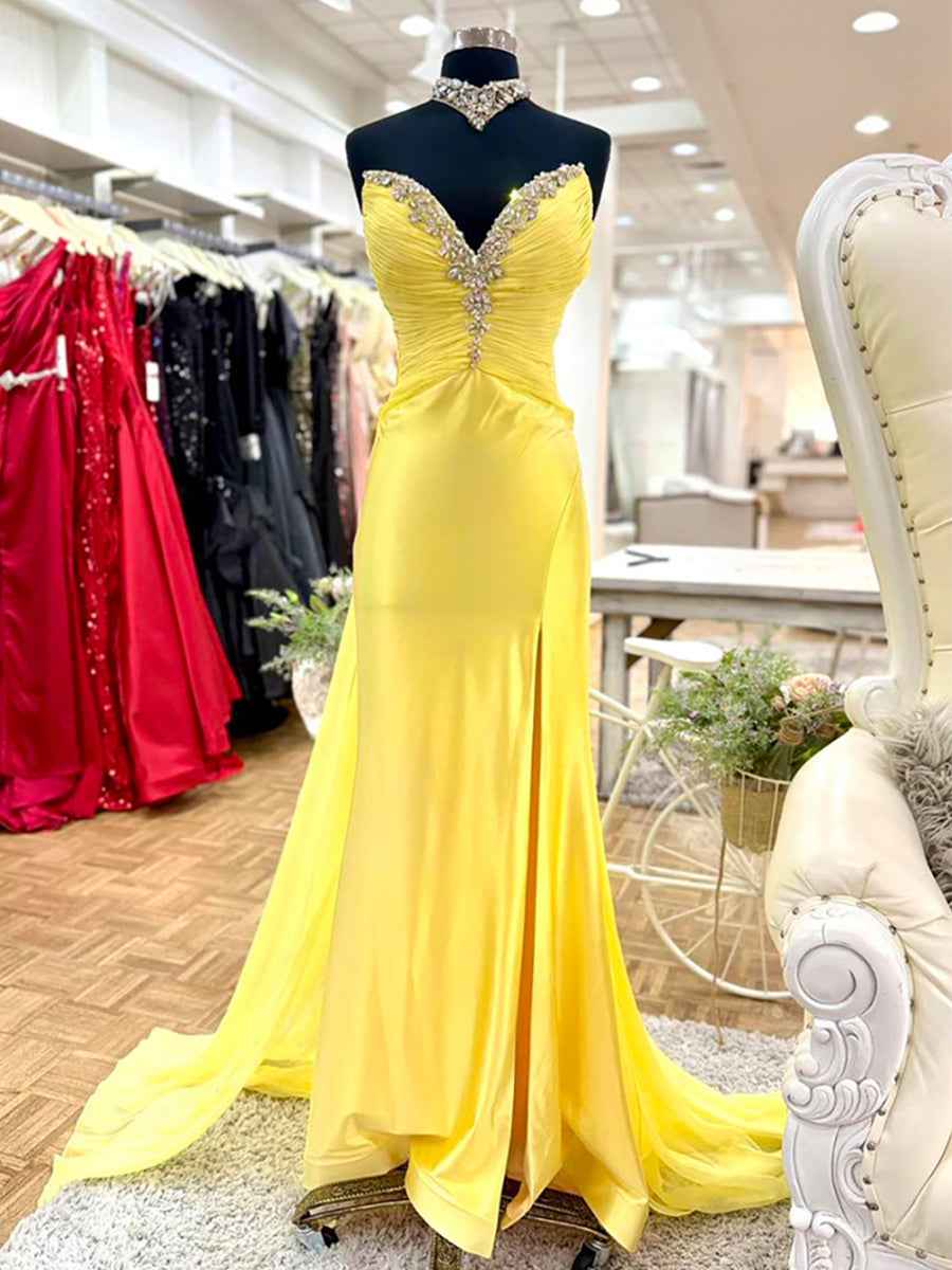 Yellow Strapless Crystal Plunge Satin Prom Dress With Slit