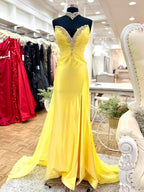 Yellow Strapless Crystal Plunge Satin Prom Dress With Slit