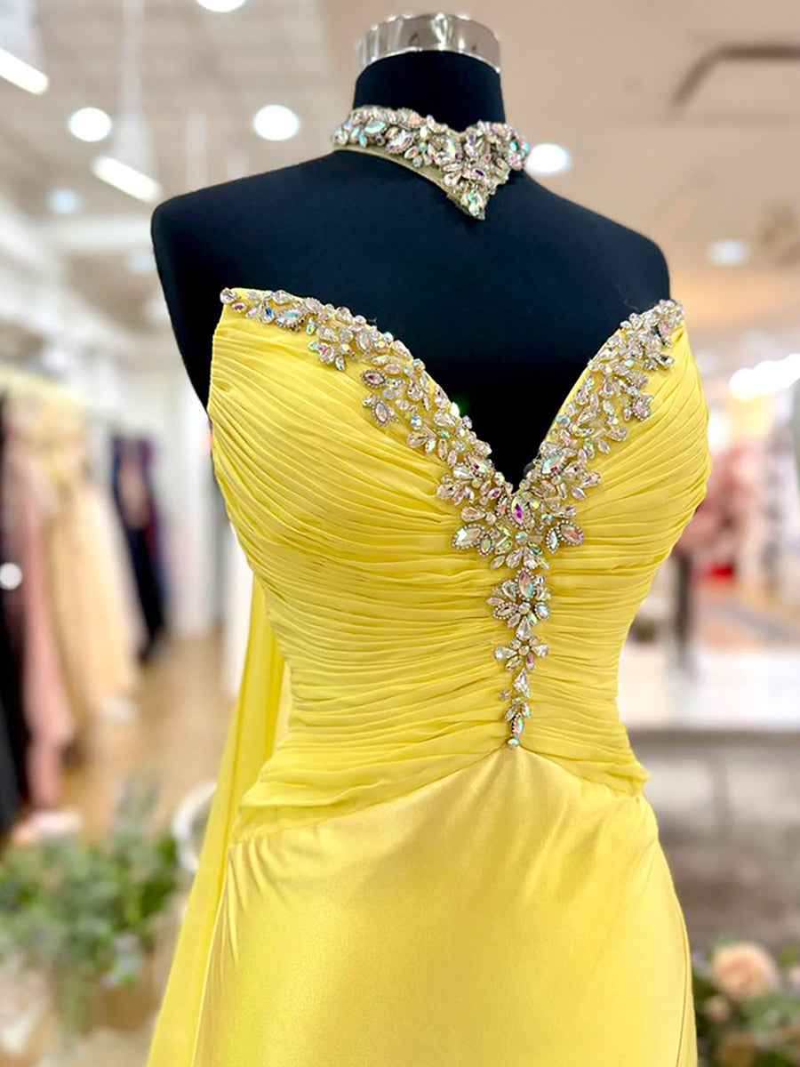 Yellow Strapless Crystal Plunge Satin Prom Dress With Slit