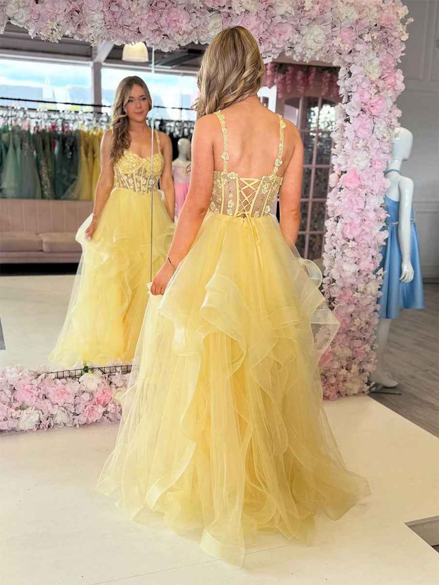 Yellow A Line Empire Waist Sweetheart Ruffles Prom Dress 3D Floral Appliques