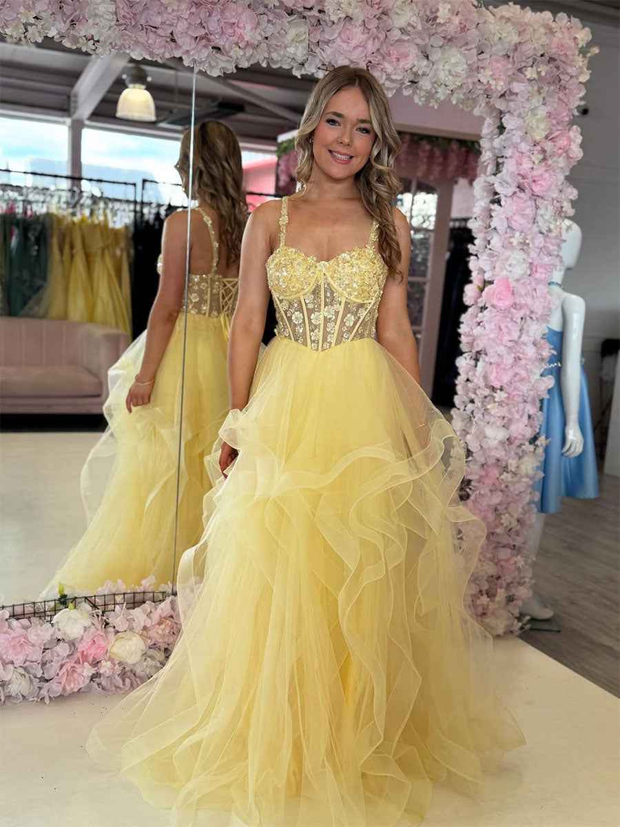 Yellow A Line Empire Waist Sweetheart Ruffles Prom Dress 3D Floral Appliques