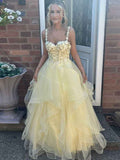 Yellow A Line Straps Empire Waist Sweetheart Ruffles Long Prom Dress