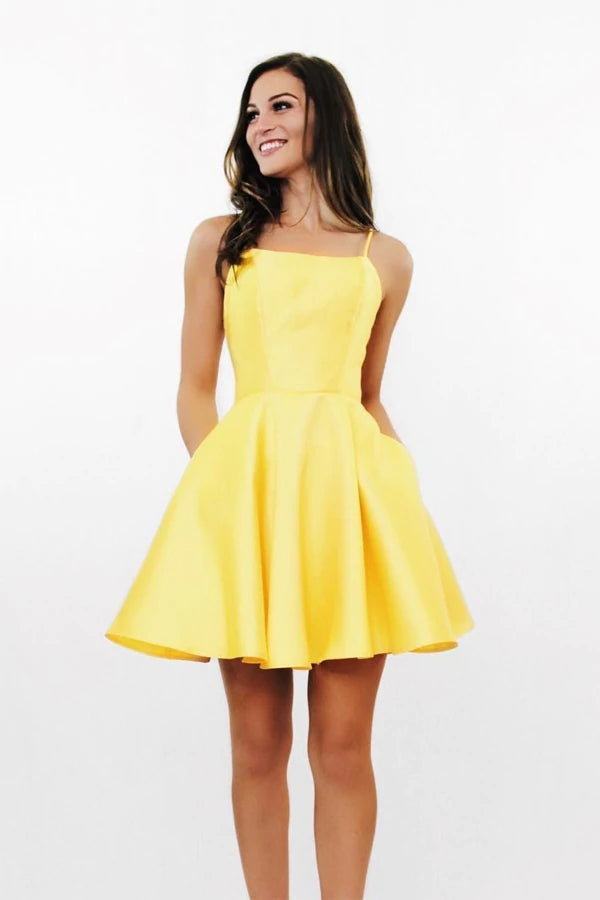 Vestido amarillo de fiesta de graduación con corte en A y bolsillos, sencillo, MH537