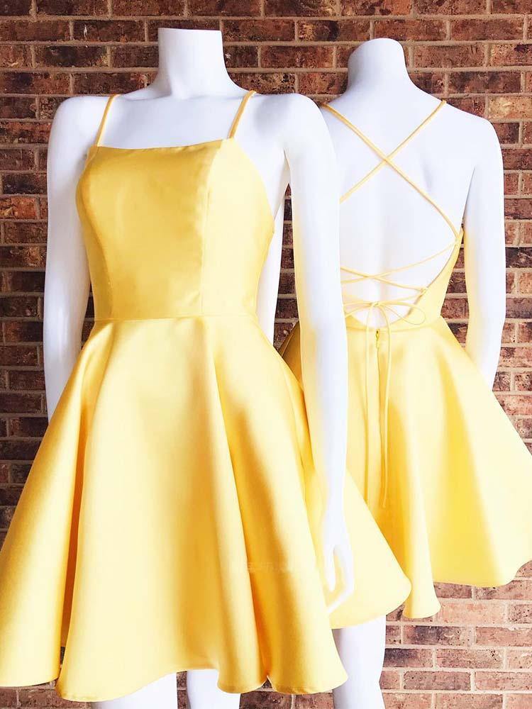 Vestido amarillo de fiesta de graduación con corte en A y bolsillos, sencillo, MH537
