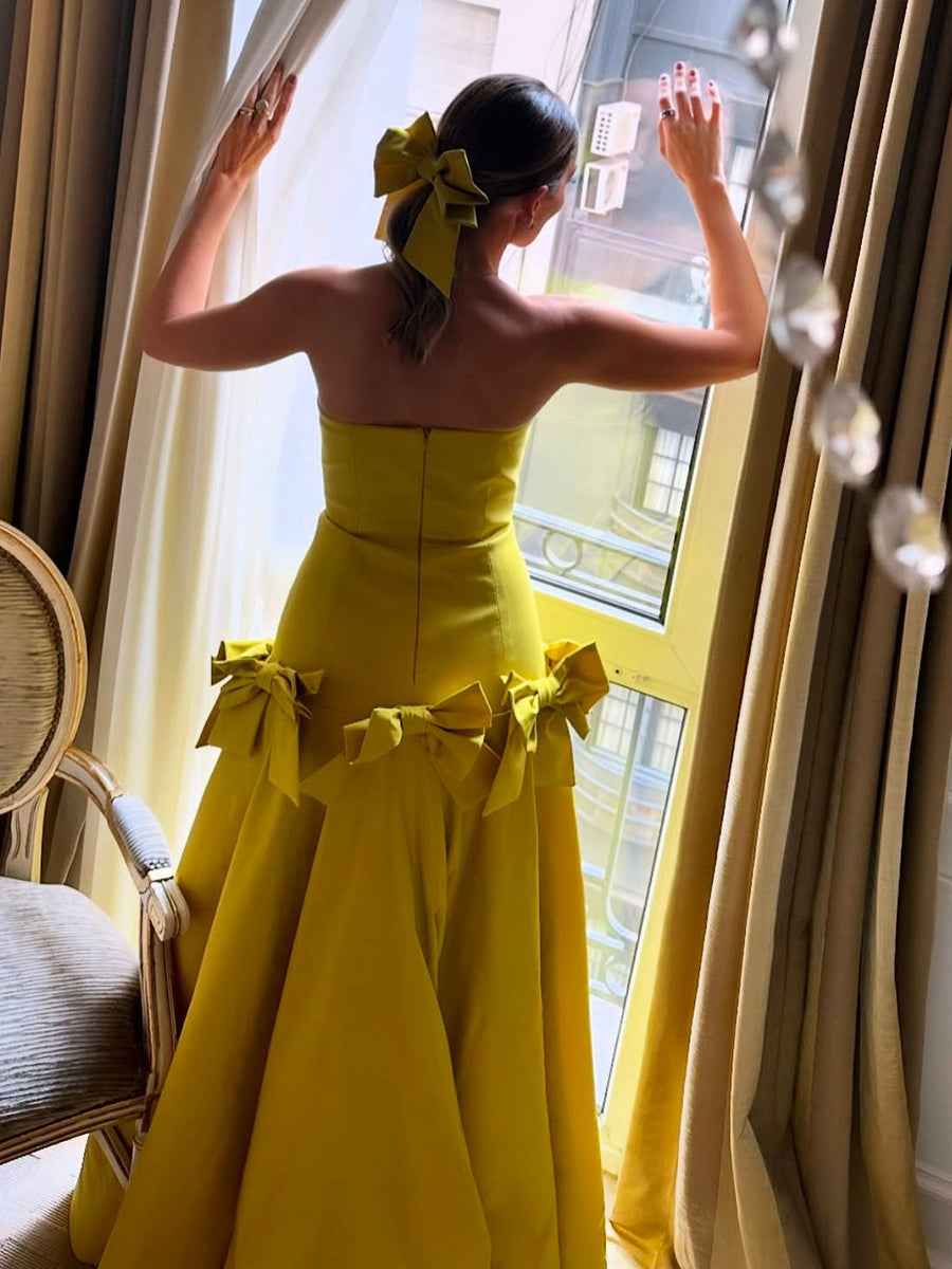 Yellow Strapless A Line Prom Dress Drop Waist Bow