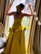 Yellow Strapless A Line Prom Dress Drop Waist Bow