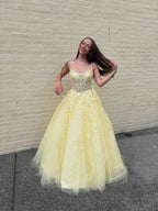 Yellow Floral A Line Lace Tulle Prom Dress With Applique And Sequins