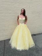 Yellow Floral A Line Lace Tulle Prom Dress With Applique And Sequins