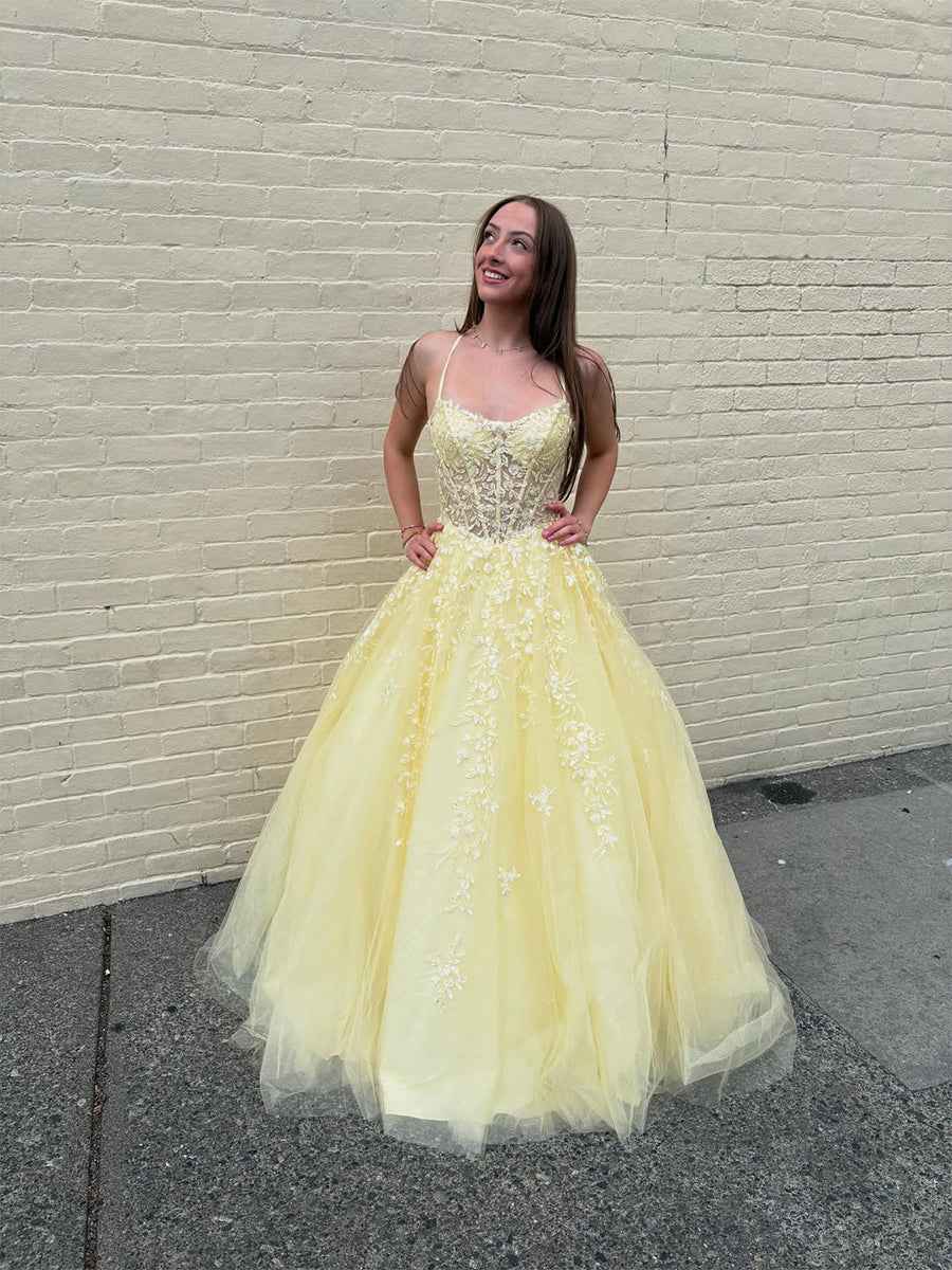 Yellow Floral A Line Lace Tulle Prom Dress With Applique And Sequins