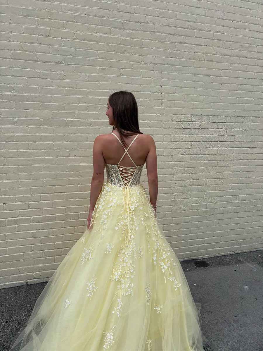 Yellow Floral A Line Lace Tulle Prom Dress With Applique And Sequins