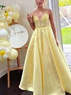 Yellow Floral Applique Satin A-Line Long Prom Dress With Plunging V Neck
