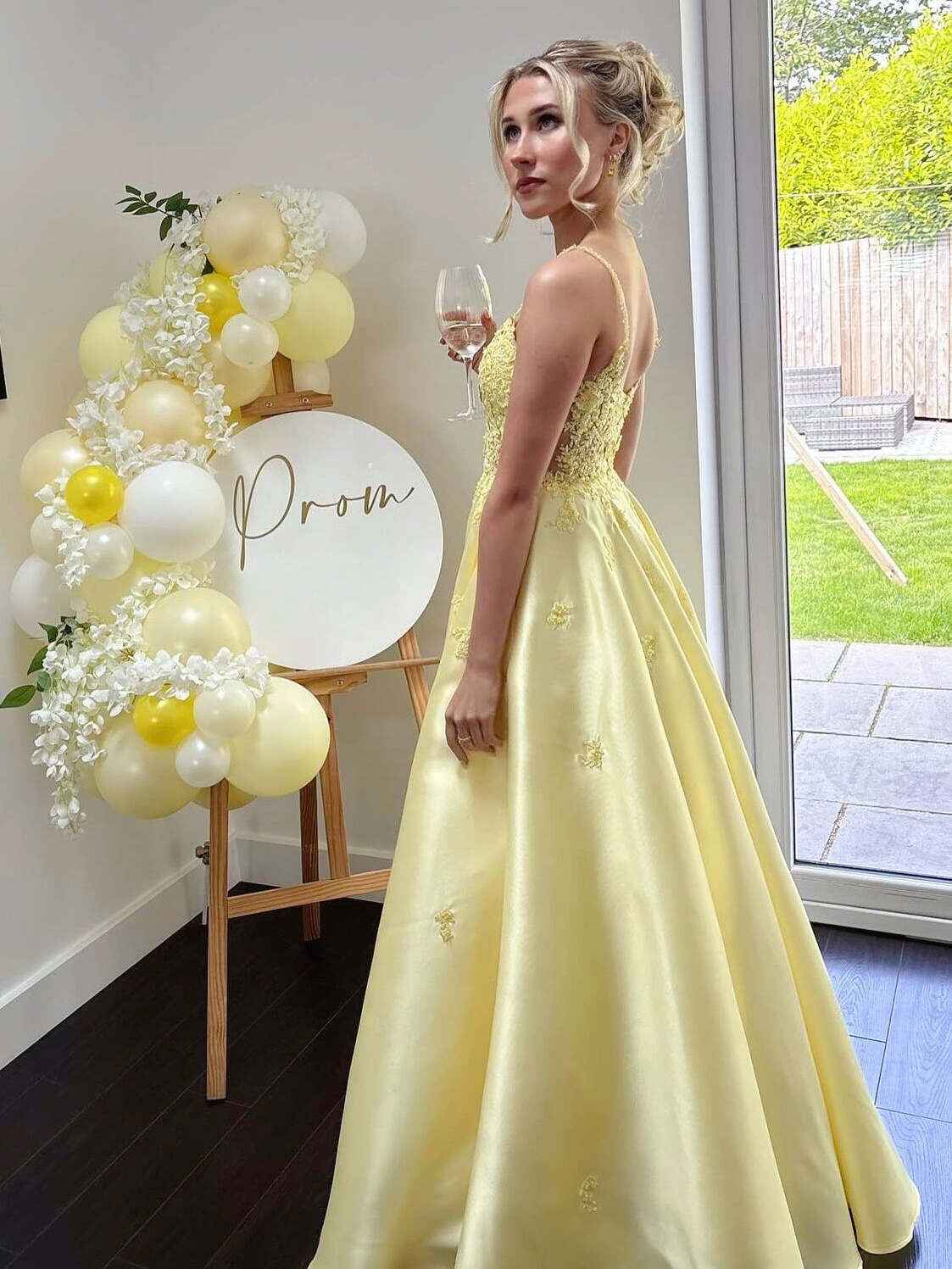 Yellow Floral Applique Satin A-Line Long Prom Dress With Plunging V Neck
