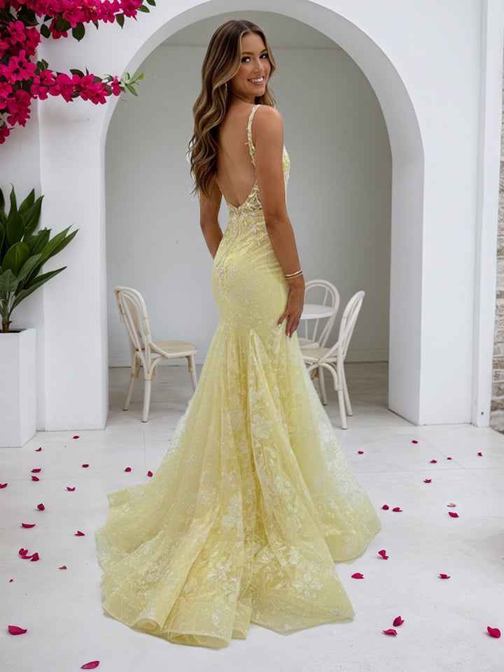 Yellow Floral Beaded Sweetheart Corset Prom Dress