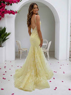 Yellow Floral Beaded Sweetheart Corset Prom Dress