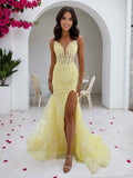Yellow Floral Beaded Sweetheart Corset Prom Dress