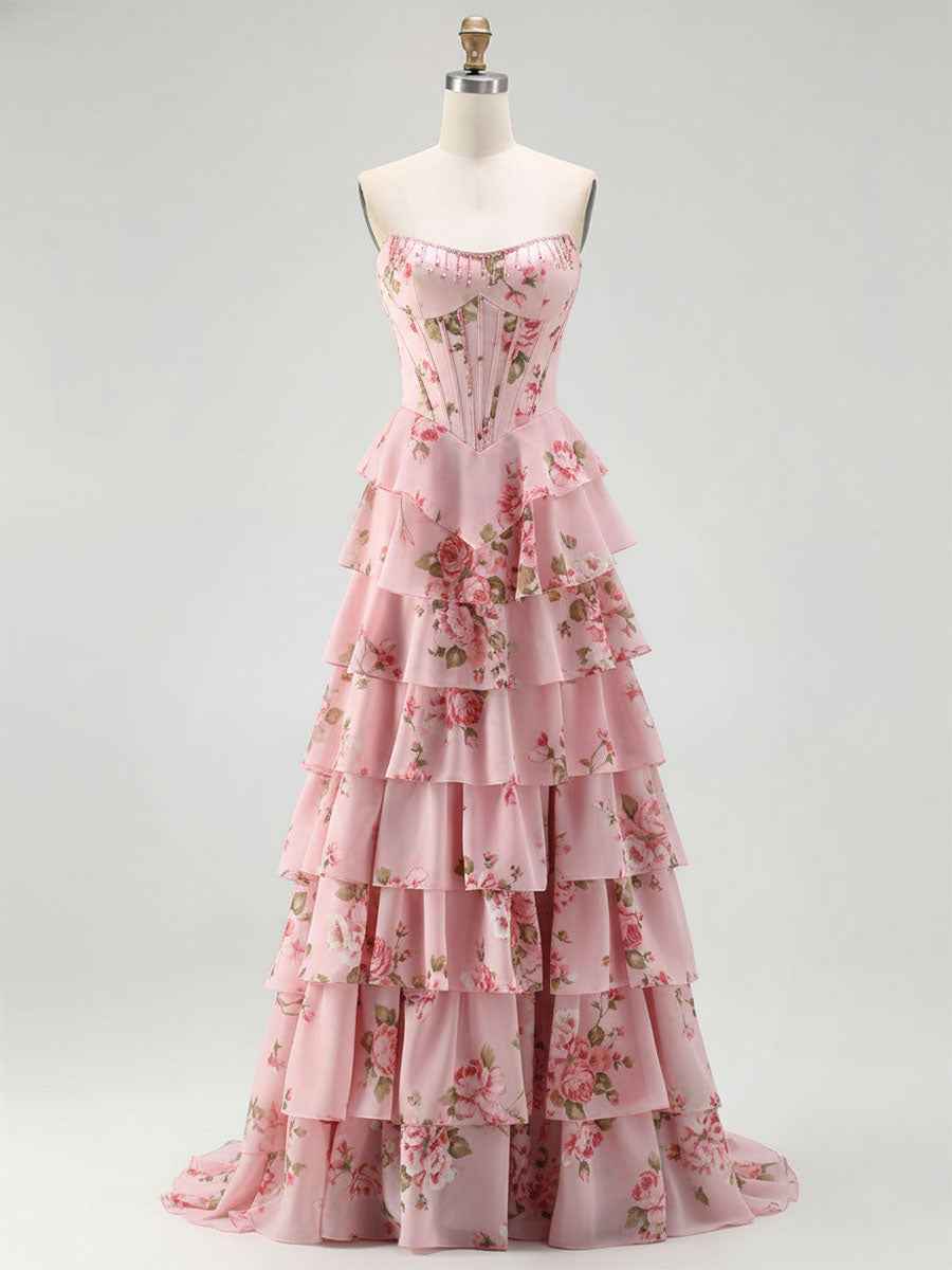 Turquoise Sparkly Floral Corset Prom Dress With Ruffles And Slit