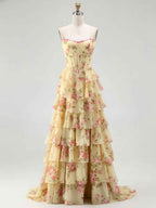 Turquoise Sparkly Floral Corset Prom Dress With Ruffles And Slit