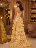 Yellow Floral Print Strapless Tiered Corset Prom Dress With Beaded Neckline
