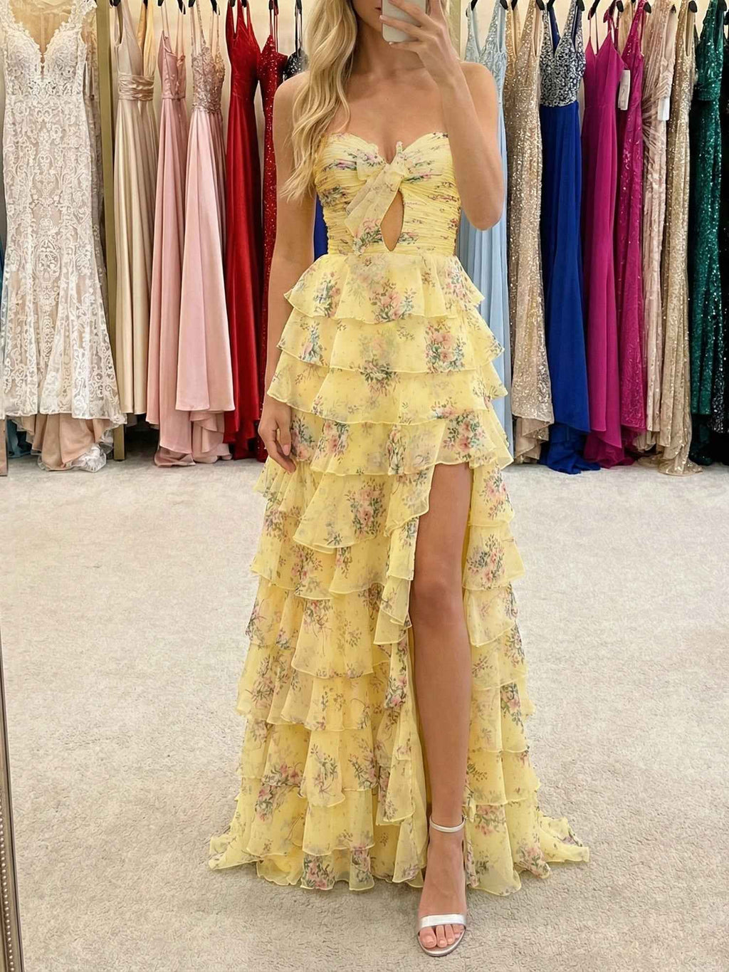 Yellow Floral Print Strapless Prom Dress With Tie Front Bow And Tiered Ruffles