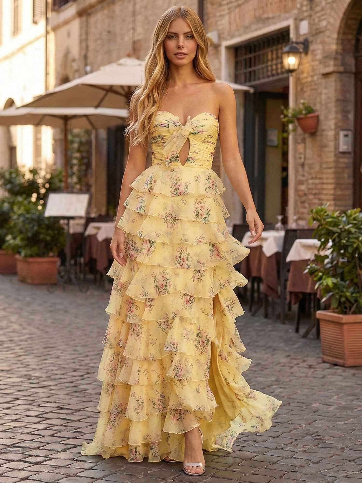 Yellow Floral Print Strapless Prom Dress With Tie Front Bow And Tiered Ruffles