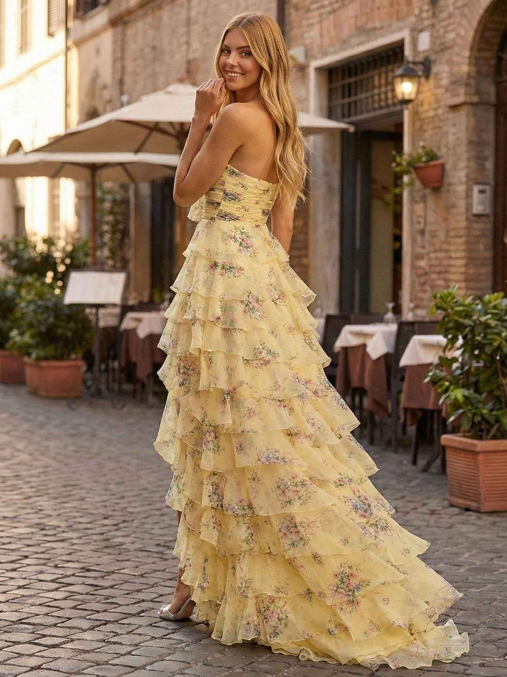 Yellow Floral Print Strapless Prom Dress With Tie Front Bow And Tiered Ruffles