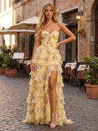 Yellow Floral Print Strapless Prom Dress With Tie Front Bow And Tiered Ruffles