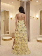Pastel Yellow Floral Strapless Tiered Ruffles Prom Dress