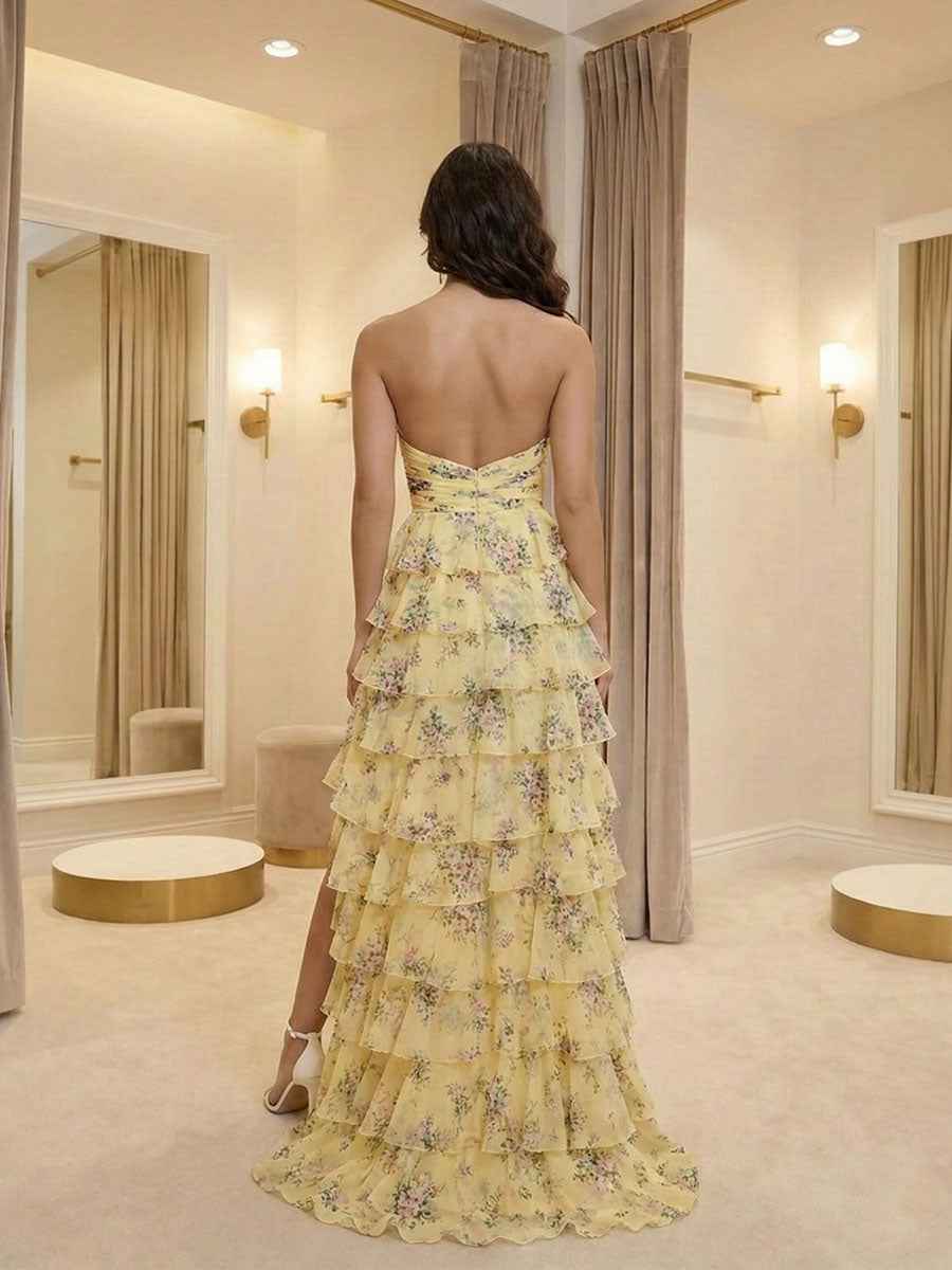 Pastel Yellow Floral Strapless Tiered Ruffles Prom Dress