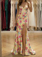 Yellow Floral Satin Spaghetti Strap Corset Prom Dress