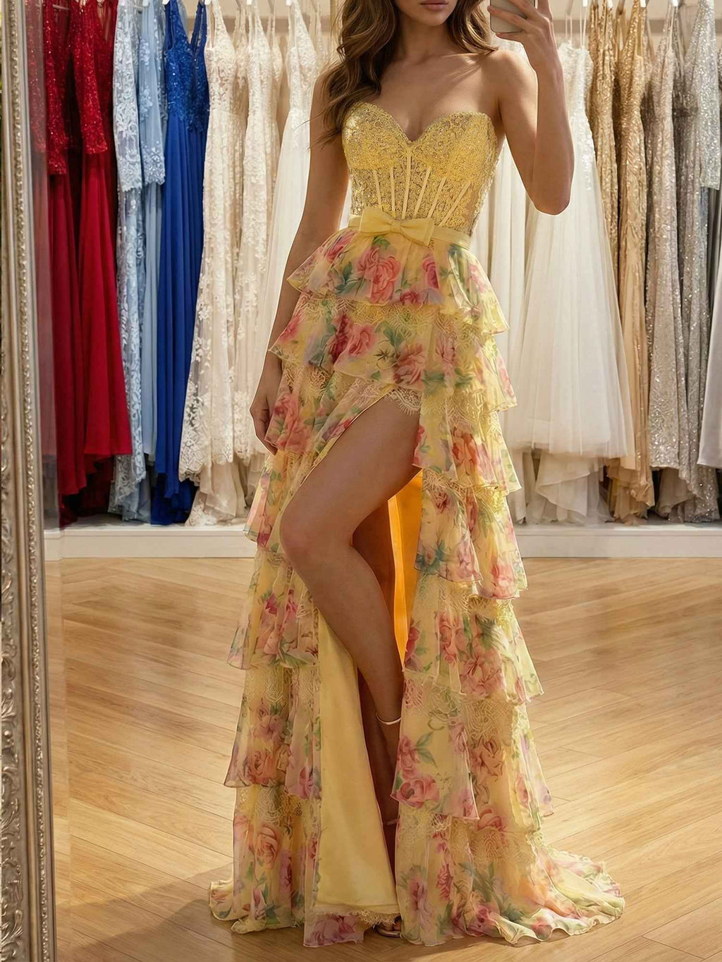 Yellow Floral Strapless Tiered Ruffle Corset Prom Dress With Bow