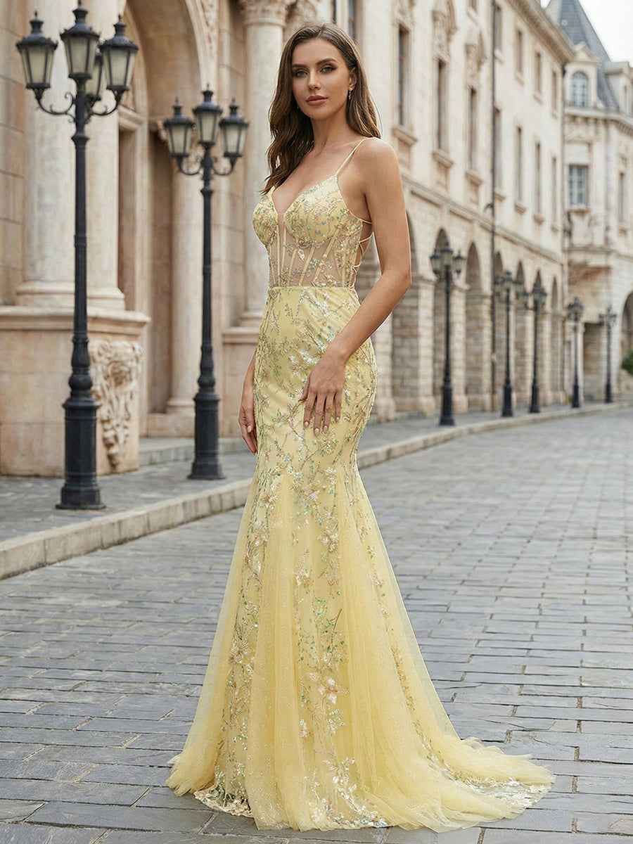 Yellow Floral Sweetheart Spaghetti Strap Corset Mermaid Prom Dress