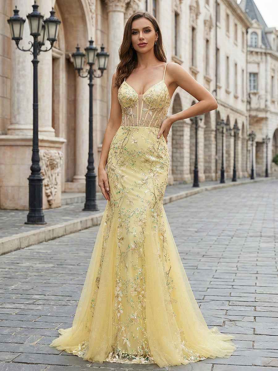 Yellow Floral Sweetheart Spaghetti Strap Corset Mermaid Prom Dress
