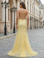 Yellow Floral Sweetheart Spaghetti Strap Corset Mermaid Prom Dress