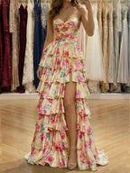 Yellow Floral Tiered Long Prom Dress With Keyhole Detail