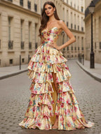Yellow Floral Tiered Long Prom Dress With Keyhole Detail