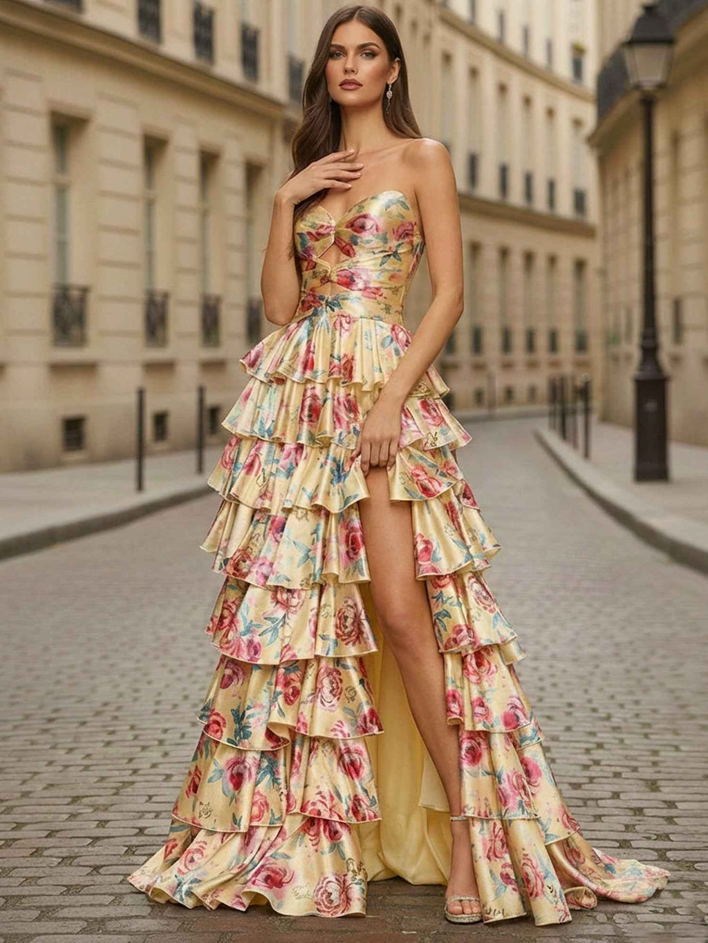 Yellow Floral Tiered Long Prom Dress With Keyhole Detail